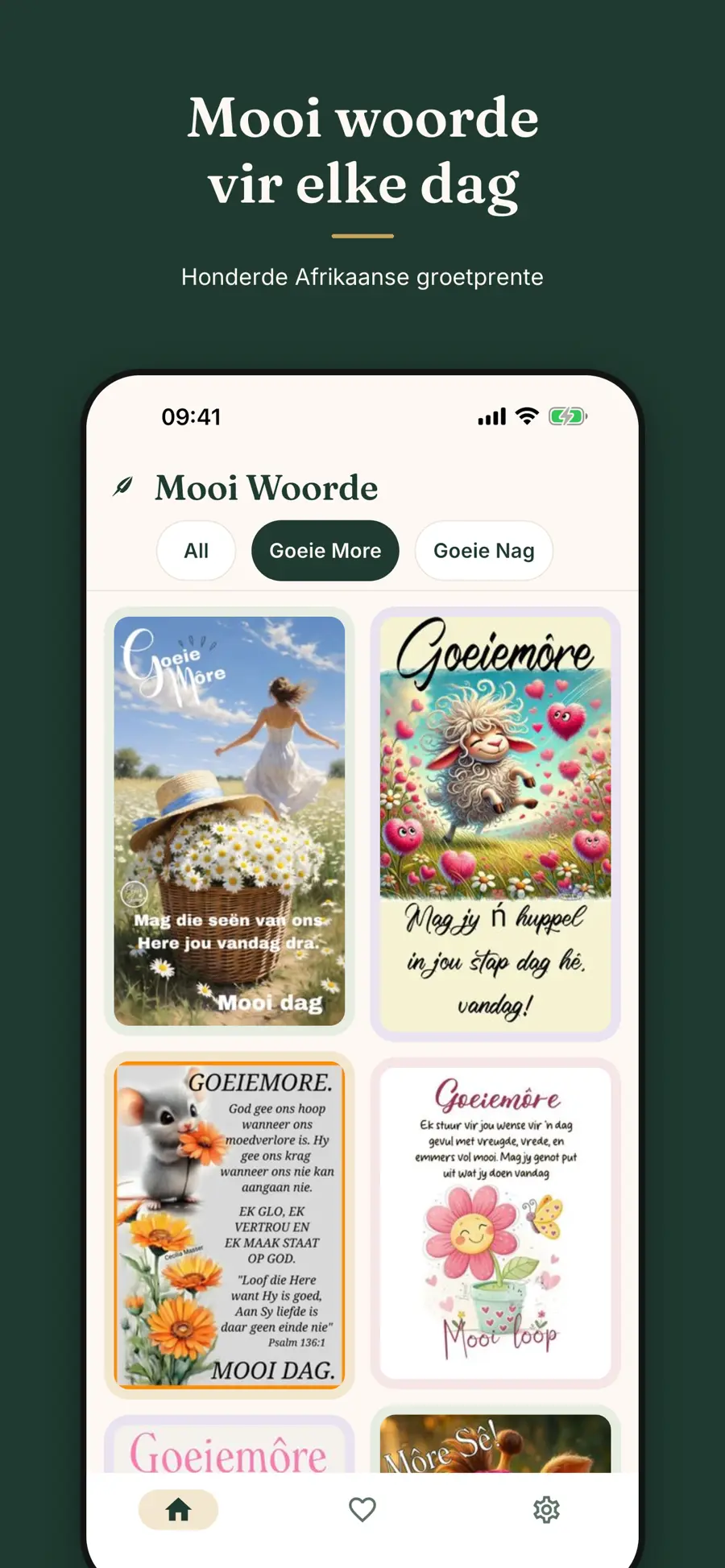 The Mooi Woorde app home screen showing a grid of Goeie Môre greeting cards